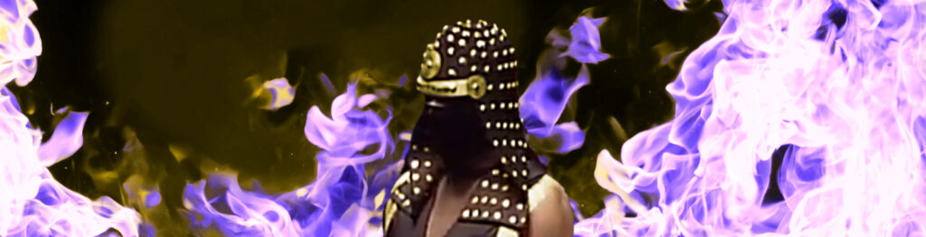 A photo of a ninja's upper body in purple flames.