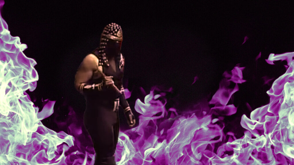 Amidst purple flames, a ninja stands with nunchucks in hand.