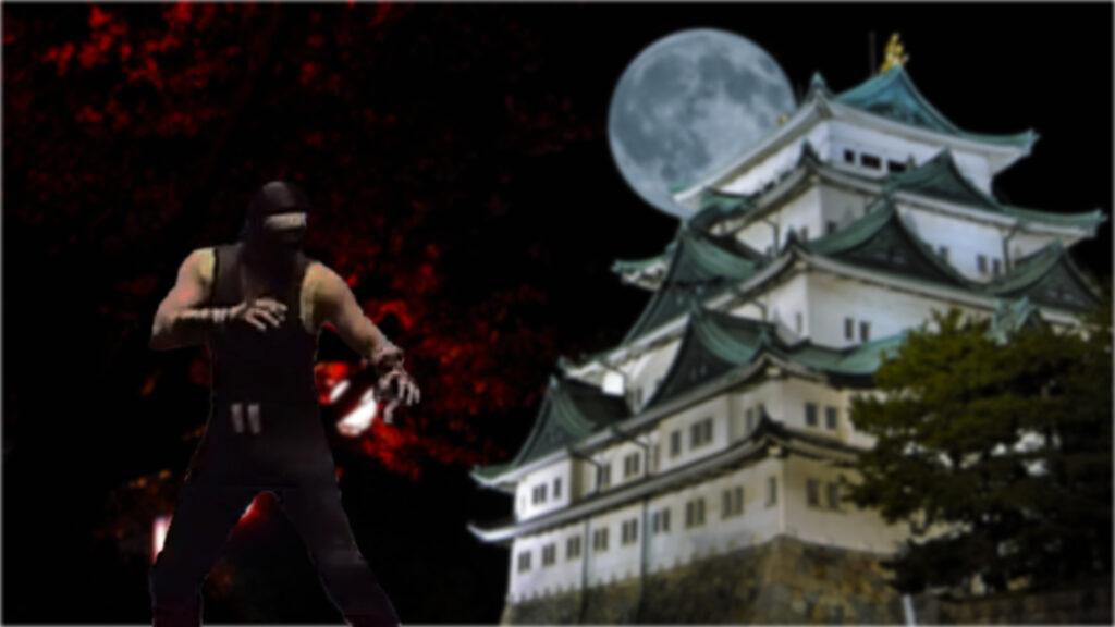 A ninja is striking a fighting pose with a Japanese castle and the moon in the background.